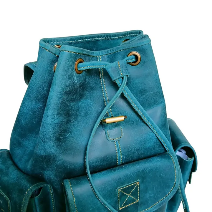 Leather Backpack Ocean Green Genuine Leather Vintage Style Multi-Pocket
