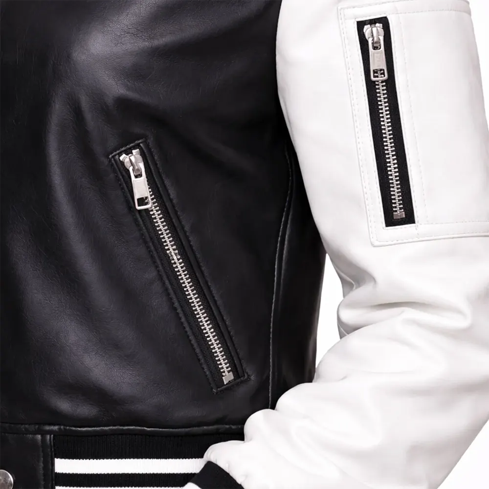 Women's Black & White Faux Leather Varsity Bomber