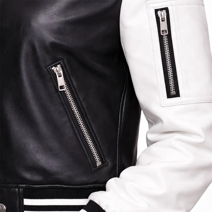 Women's Black & White Faux Leather Varsity Bomber