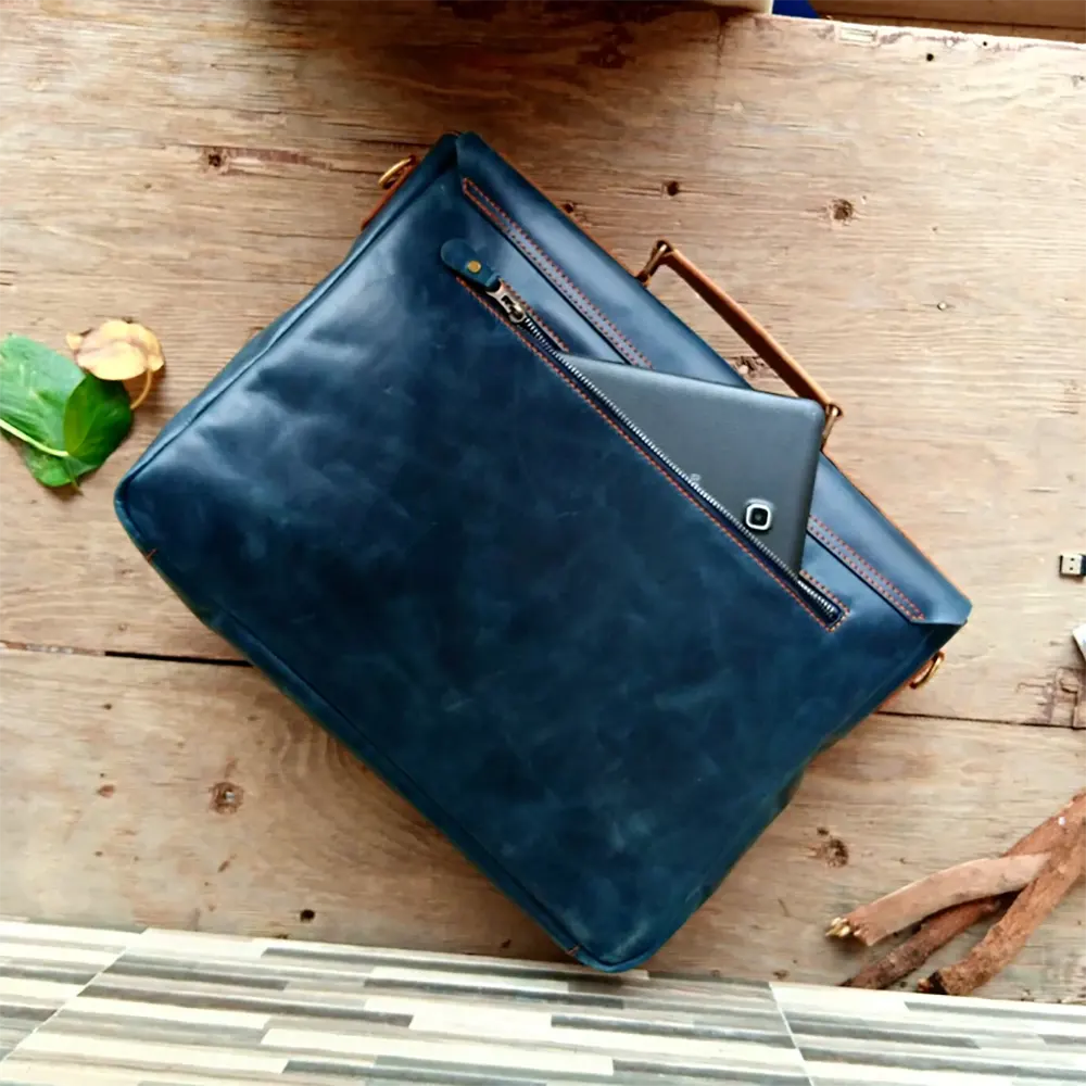 Navy Classic Leather Laptop Bag 14 & 15Blue & Tan Cow Leather