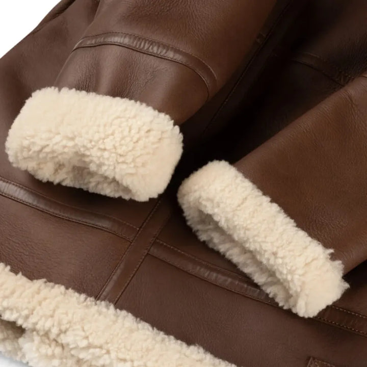 Men’s Shearling Jacket  Cognac Brown Lambskin & White Wool Winter Jacket