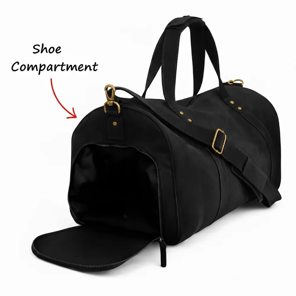 Black Leather Duffel Bag Premium Travel & Gym Holdall with Shoe Compartment
