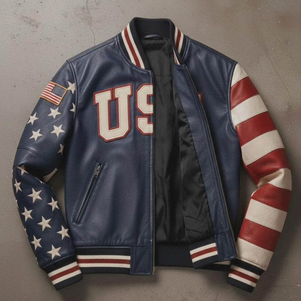Men’s USA Flag Genuine Cowhide Leather Jacket – American Patriotic Biker Motorcycle Coat