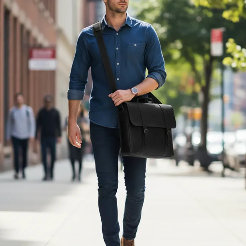 Black Leather Laptop Messenger Bag