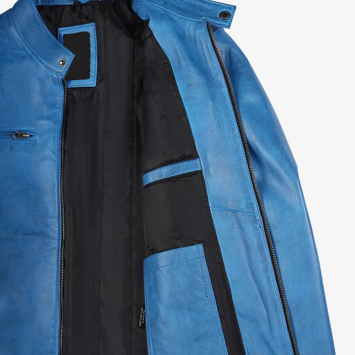 Dodge Mens Cafe Racer Blue Leather Jacket
