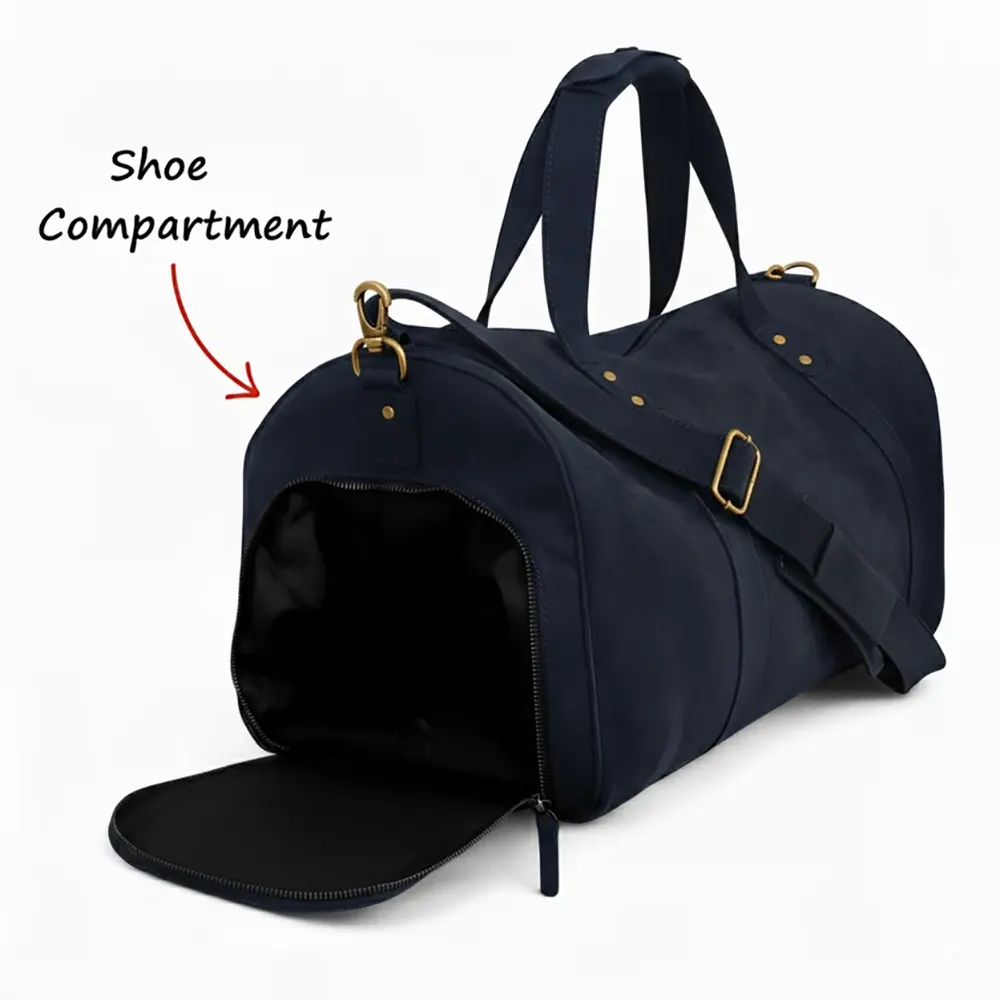 Navy Leather Duffel Bag Premium Travel & Gym Holdall with Shoe Compartment