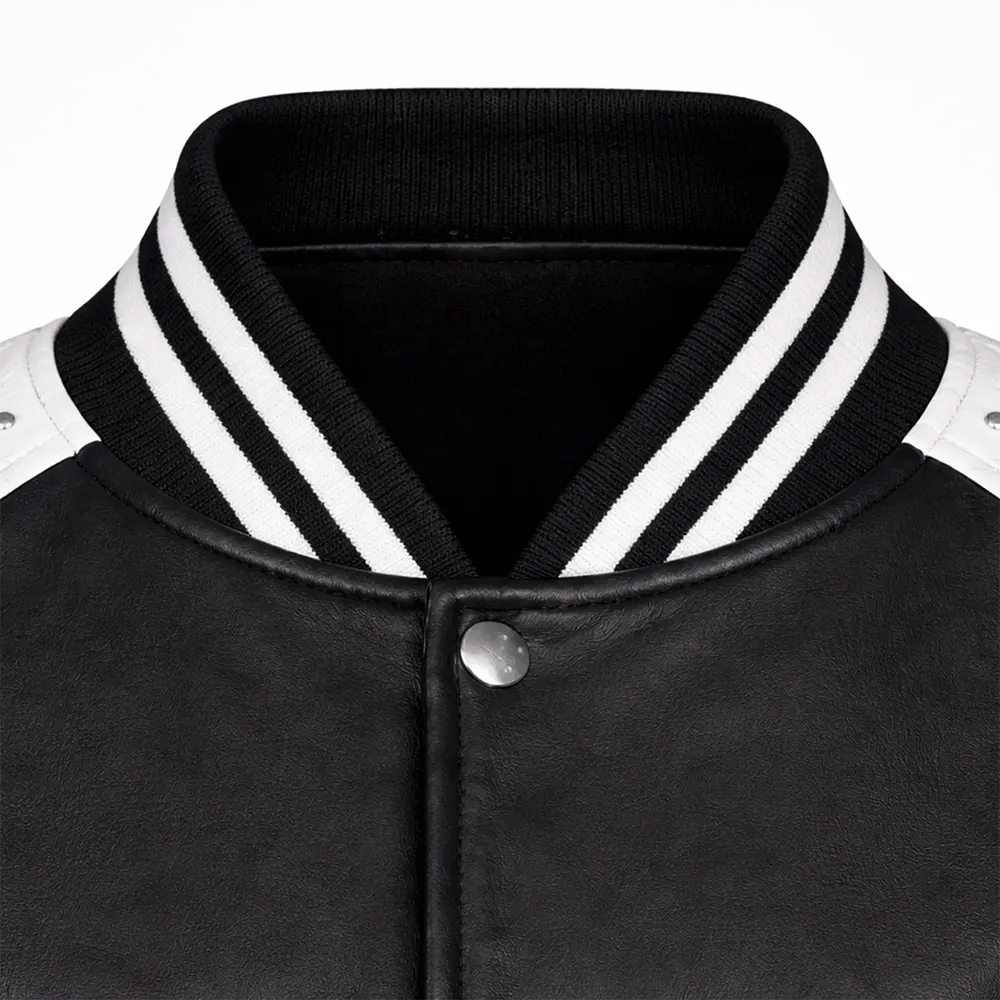 Women's Black & White Faux Leather Varsity Bomber
