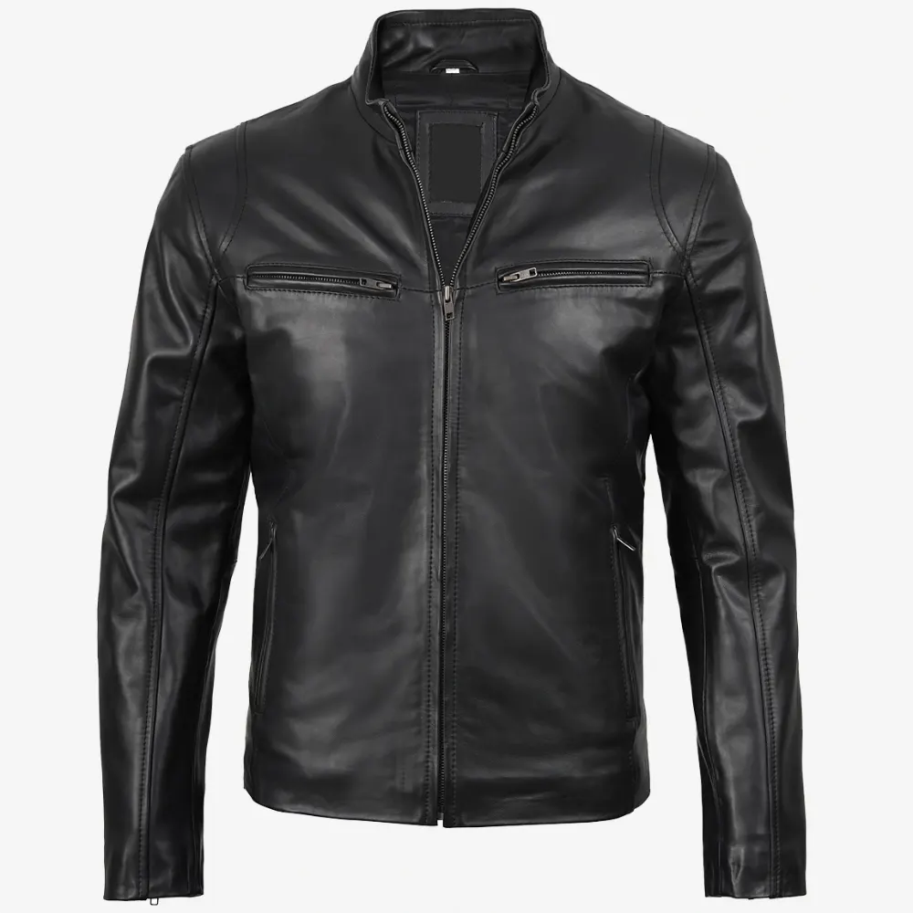 Men Black Cafe Racer Leather Jacket