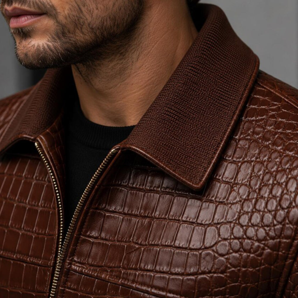 Mens Genuine Cowhide Croc Embossed Bomber Coat Brown Zip Up Outerwear