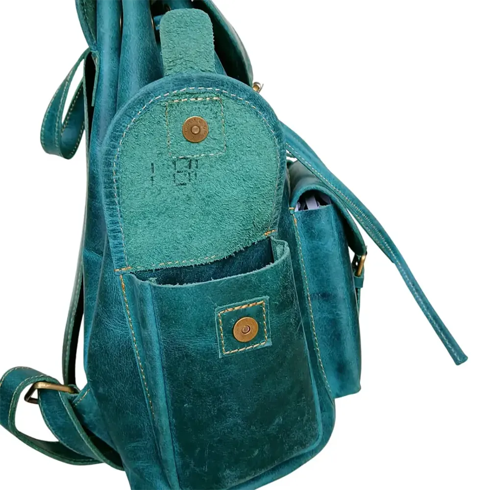 Leather Backpack Ocean Green Genuine Leather Vintage Style Multi-Pocket