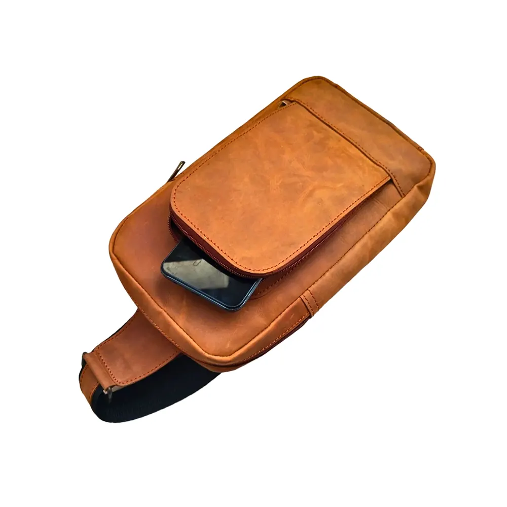 Mustard Crazy Horse Leather Sling Crossbody Bag