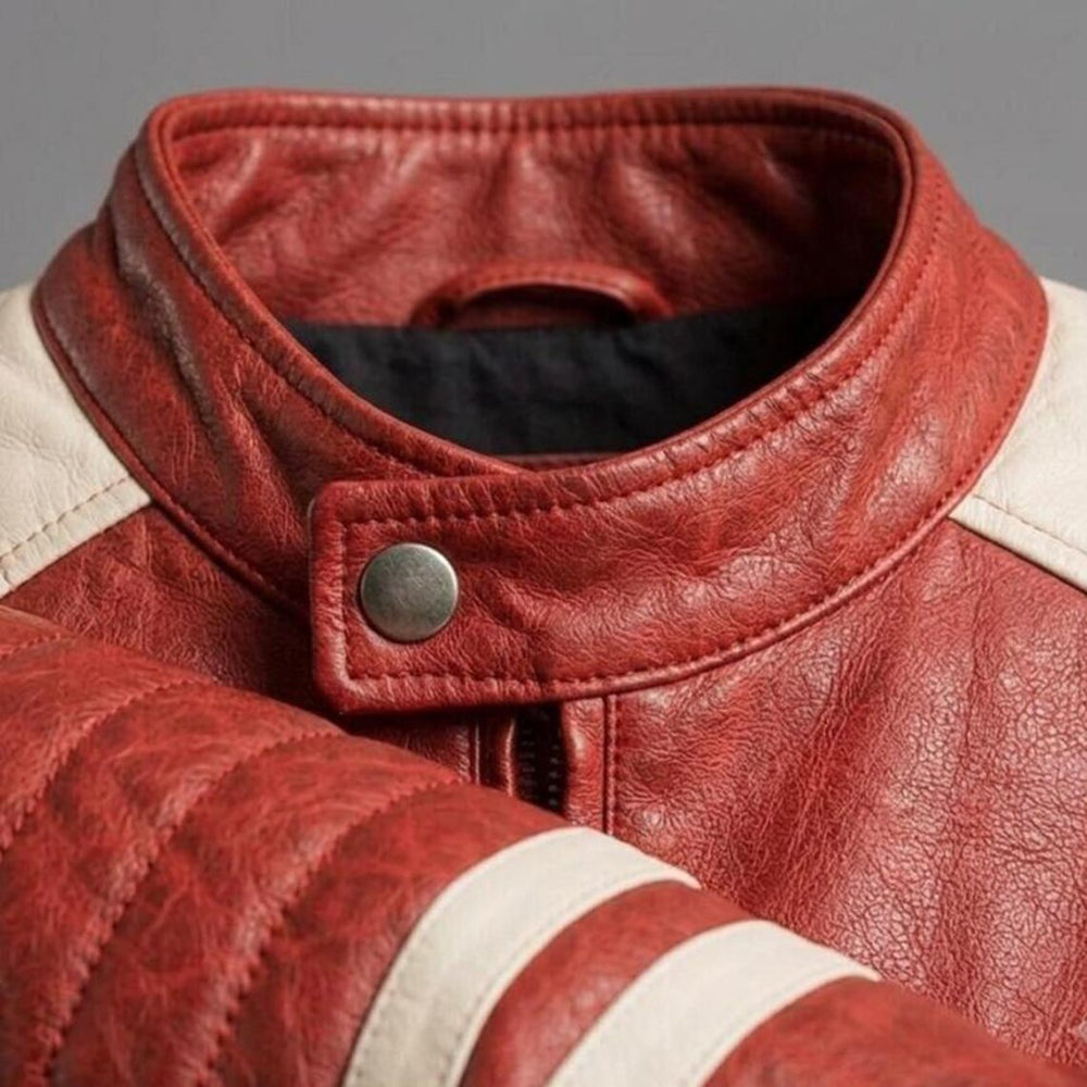Men's Red Cowhide Leather Cafe Racer Jacket Racing Stripe Vintage Biker Moto