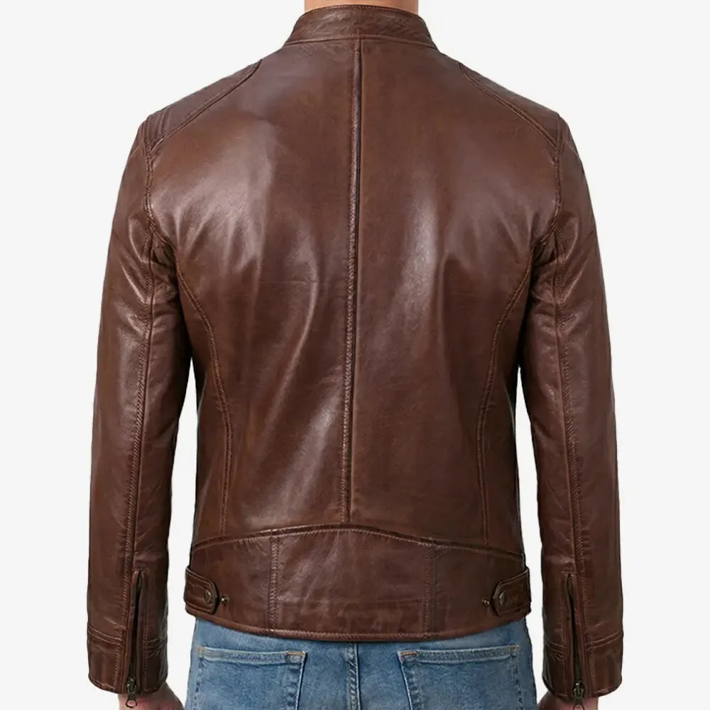 Dodge Men's Cognac Cafe Racer Leather Jacket