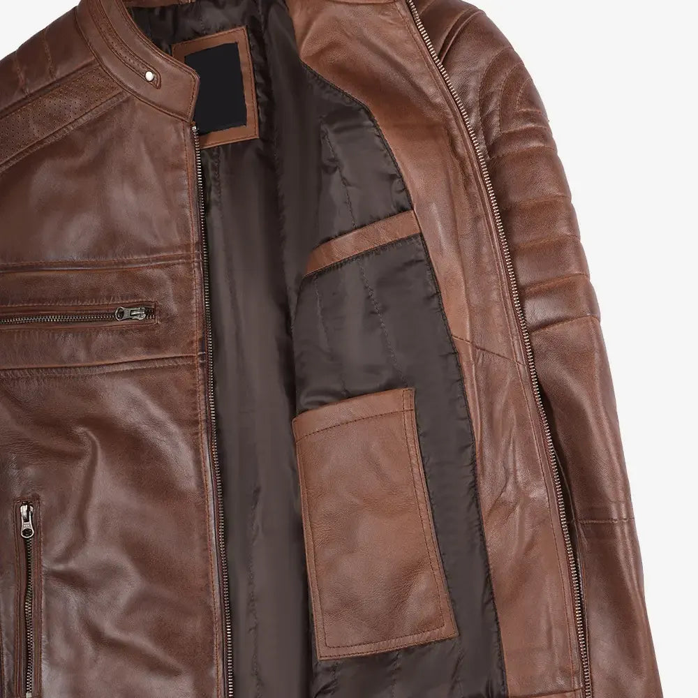 Austin Men Cafe Racer Cognac Brown Leather Jacket