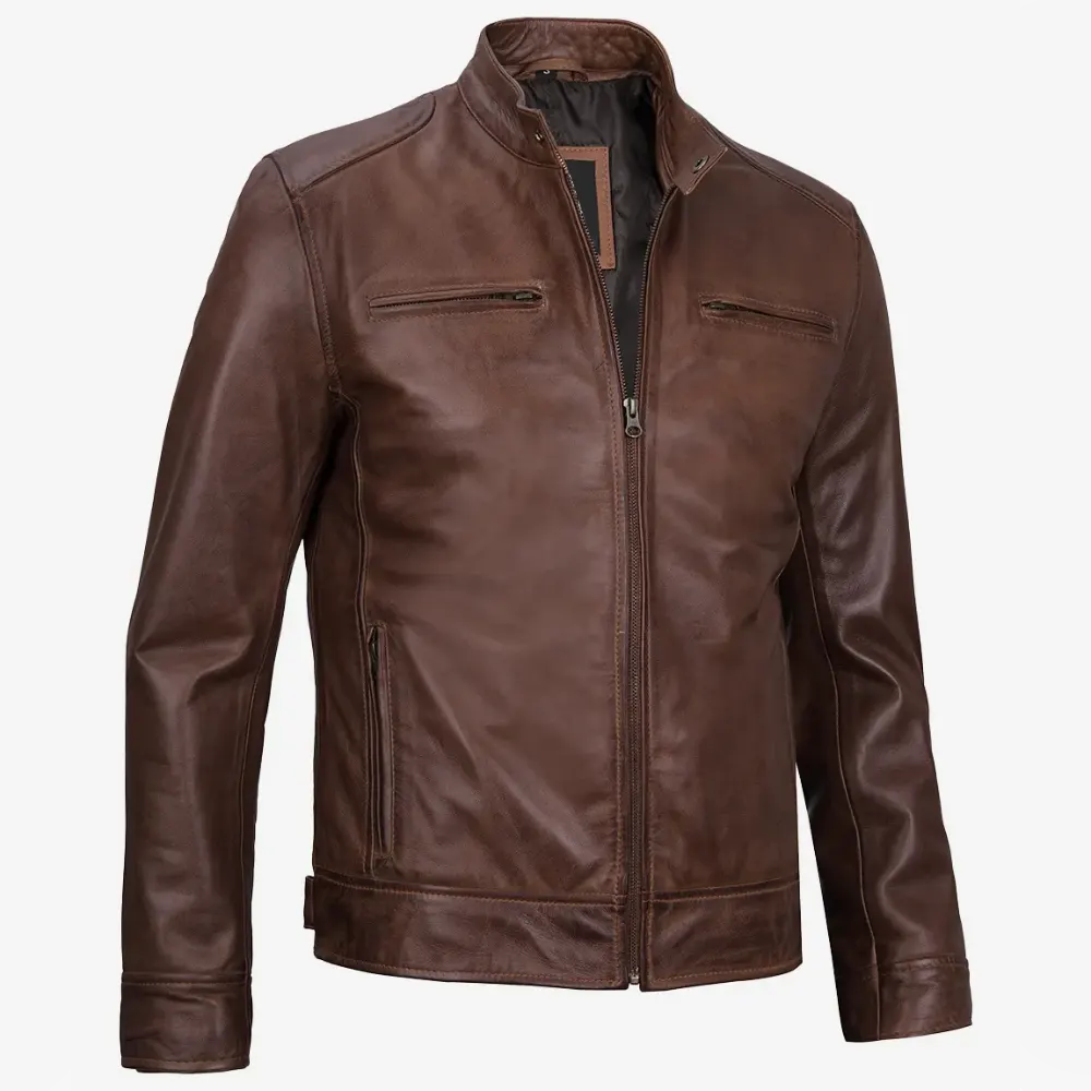 Dodge Men's Cognac Cafe Racer Leather Jacket