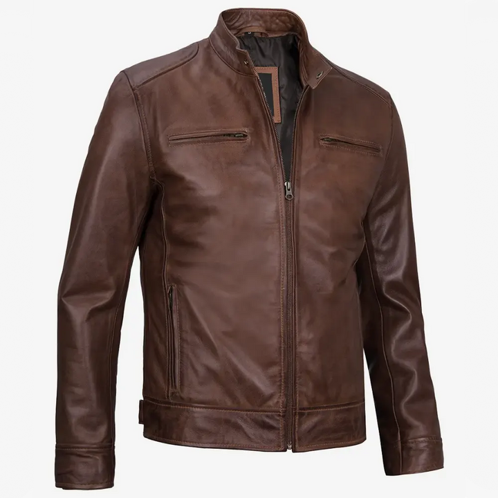Dodge Men's Cognac Cafe Racer Leather Jacket
