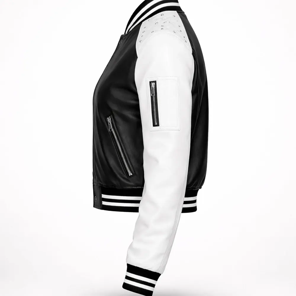 Women's Black & White Faux Leather Varsity Bomber