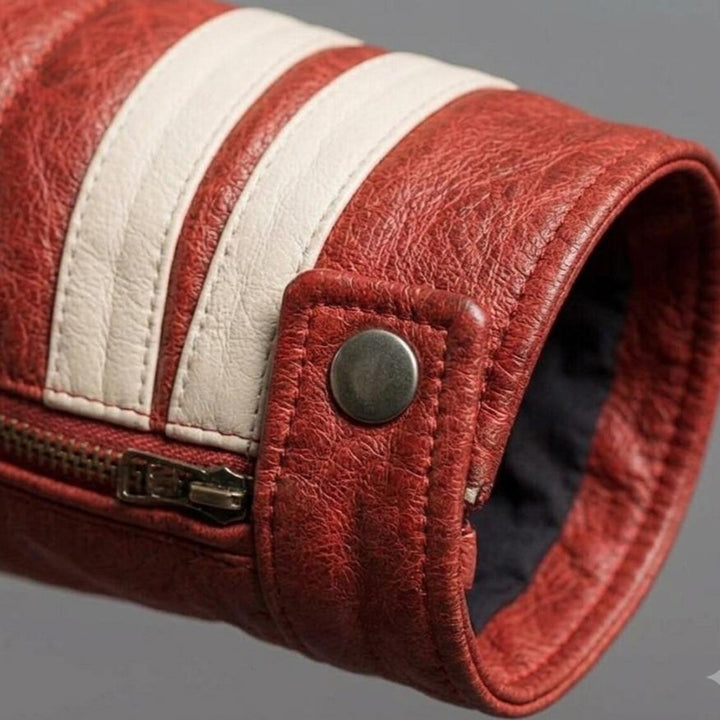 Men's Red Cowhide Leather Cafe Racer Jacket Racing Stripe Vintage Biker Moto