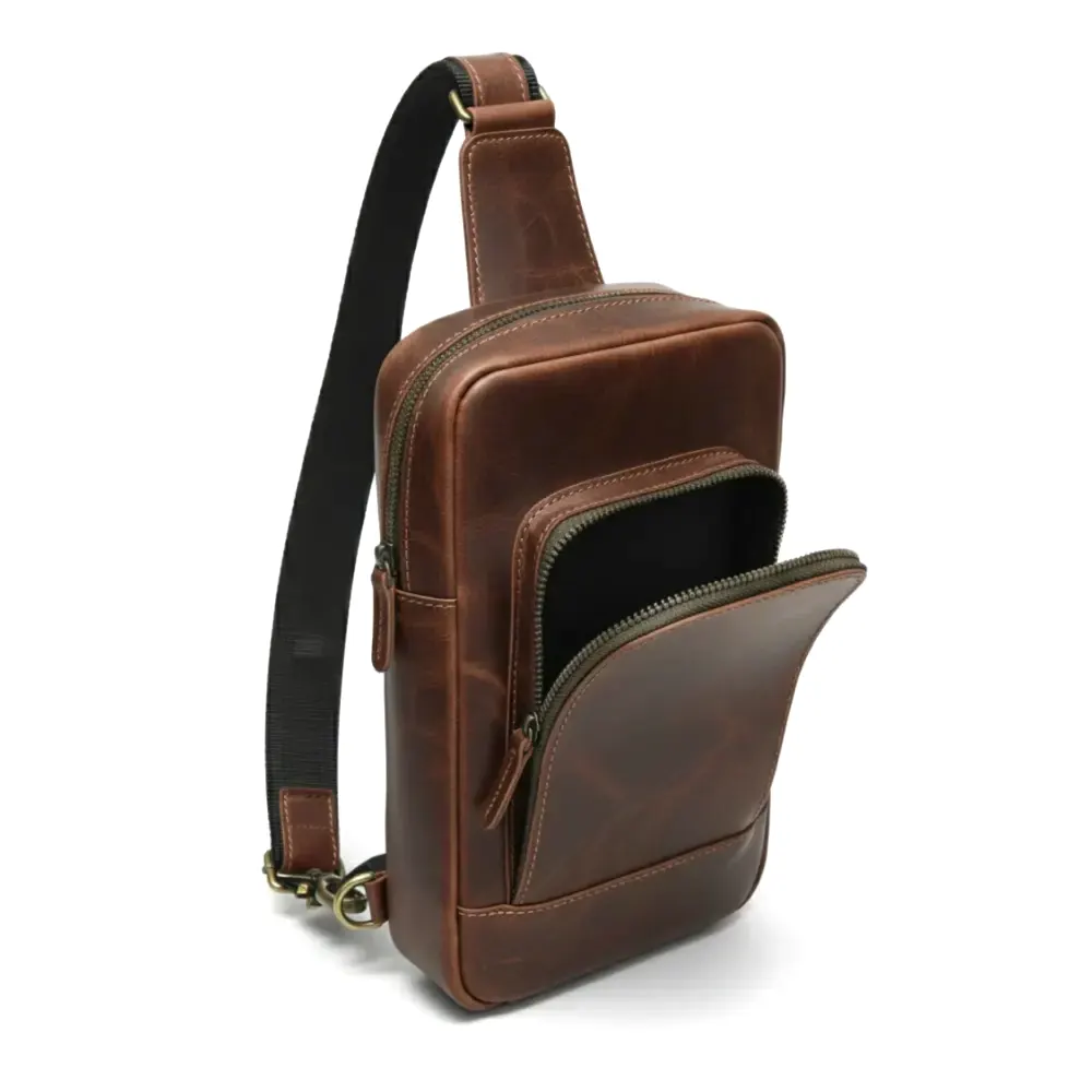 Brown Leather Sling Bag Full-Grain Pull-Up Cowhide Travel Bag