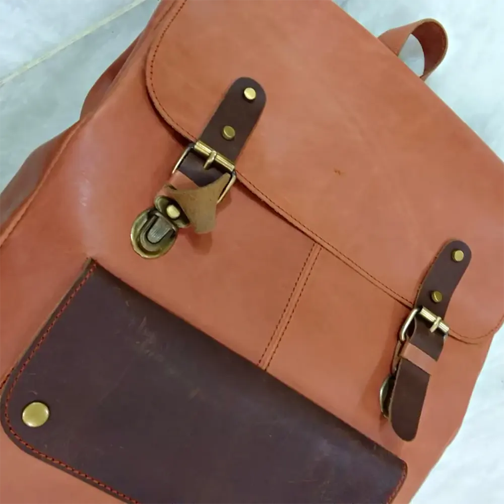 Leather Laptop Backpack Mustard & Dark Brown Travel Backpack