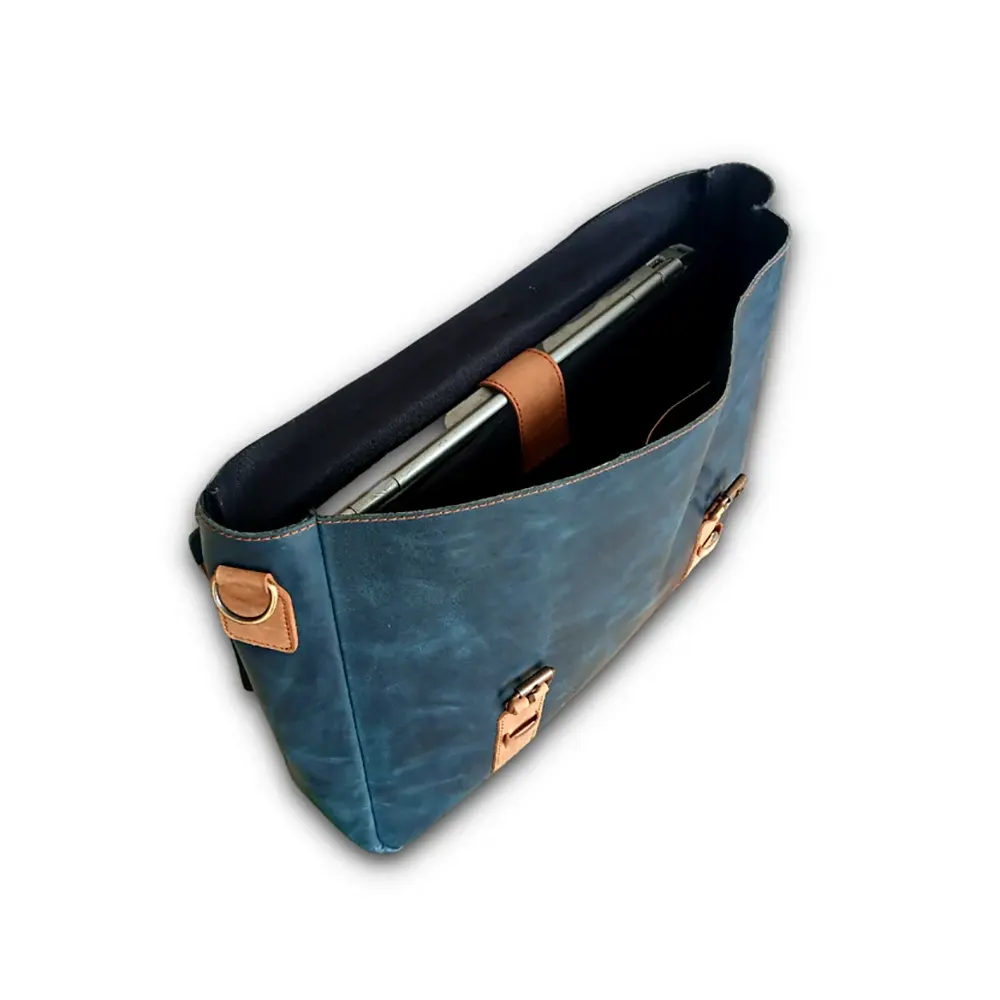 Navy Classic Leather Laptop Bag 14 & 15Blue & Tan Cow Leather