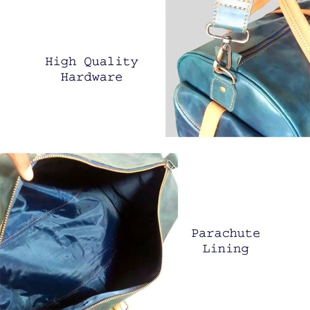 Navy Leather Duffel Bag weekender Premium Cow Pull-Up Travel Holdall