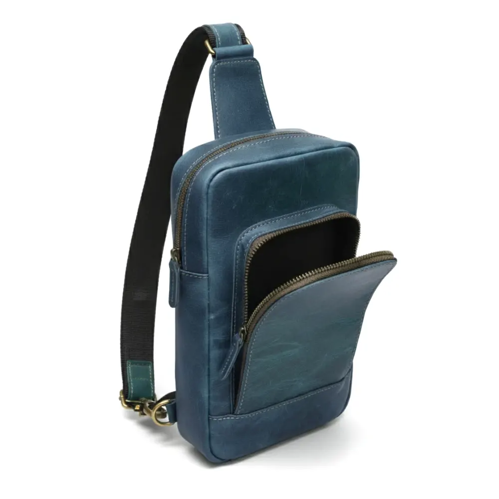 Navy Leather Sling Bag for Men & Women  Full-Grain Cowhide with Zipper