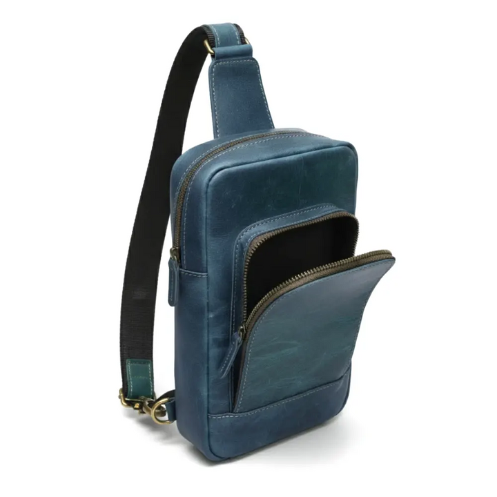 Navy Leather Sling Bag for Men & Women  Full-Grain Cowhide with Zipper