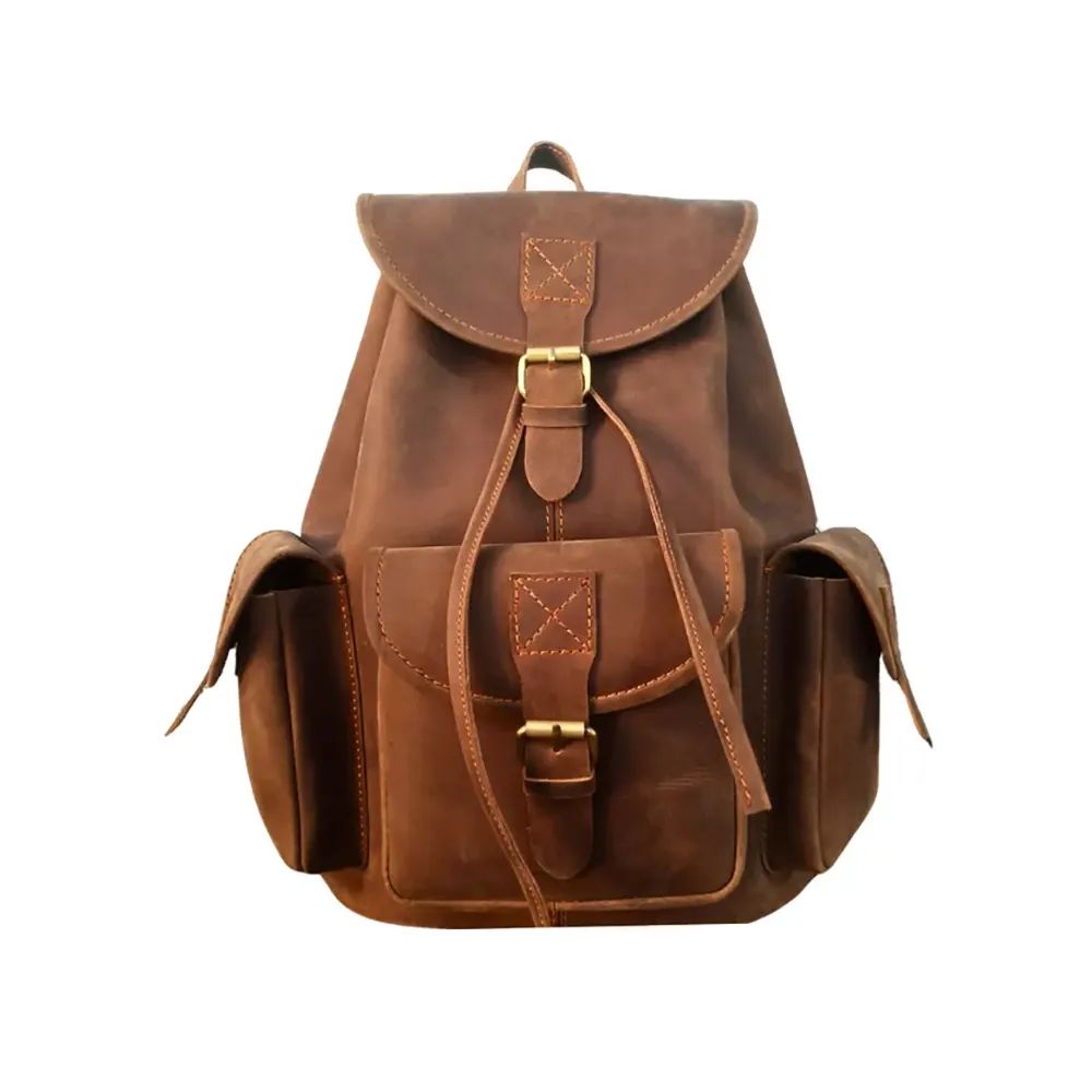 Vintage Dark Brown Leather Backpack Handmade Full-Grain Drawstring Rucksack