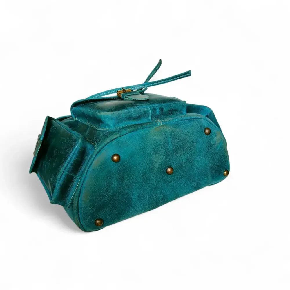 Leather Backpack Ocean Green Genuine Leather Vintage Style Multi-Pocket
