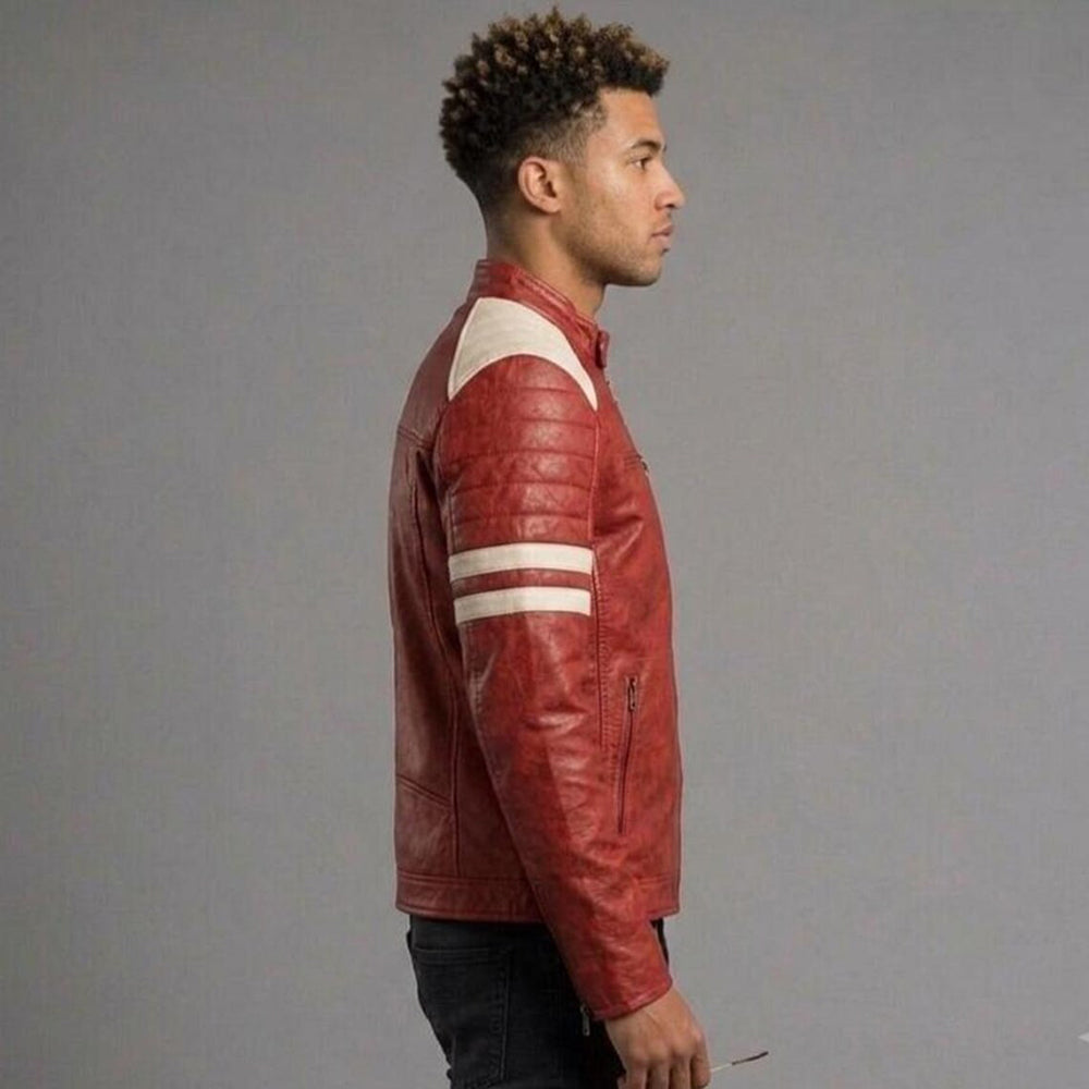 Men's Red Cowhide Leather Cafe Racer Jacket Racing Stripe Vintage Biker Moto